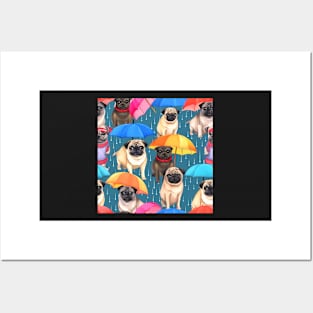 Cute Pug Dogs Umbrellas in the Rain All Over Tote Bag Posters and Art